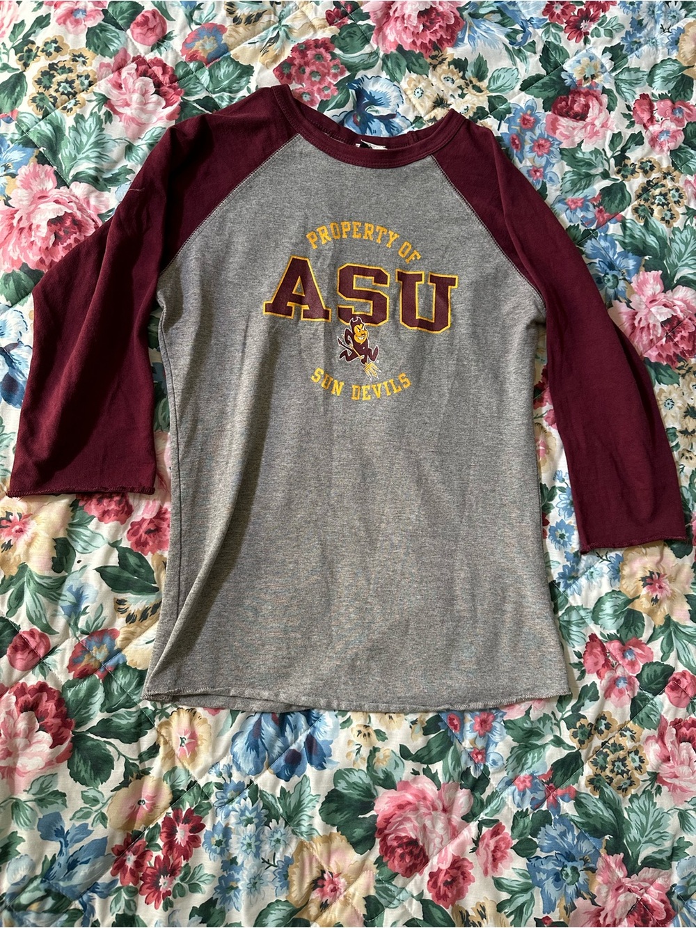 Sun Devils Raglan 3/4 Long Sleeve Tee - Gray & Maroon